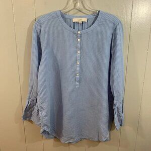 LOFT Blue Petite Long Bell Sleeve Button Career Casual Popover Blouse Top